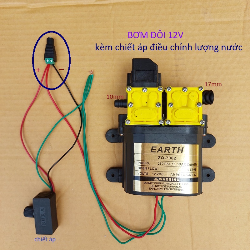 Máy bơm đôi EARTH tăng áp lực nước mini 12V 120W Lưu lượng 9L/phút dùng phun sương,máy bơm mini 12v