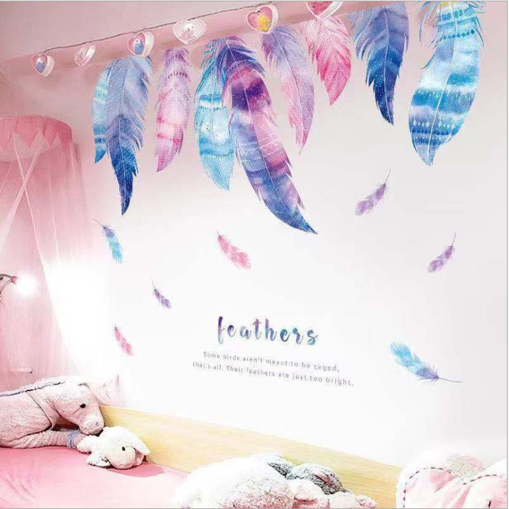 Decal dán trang trí phòng ngủ nhiều màu sắc - lông vũ sáng tạo đẹp và lãng mạn