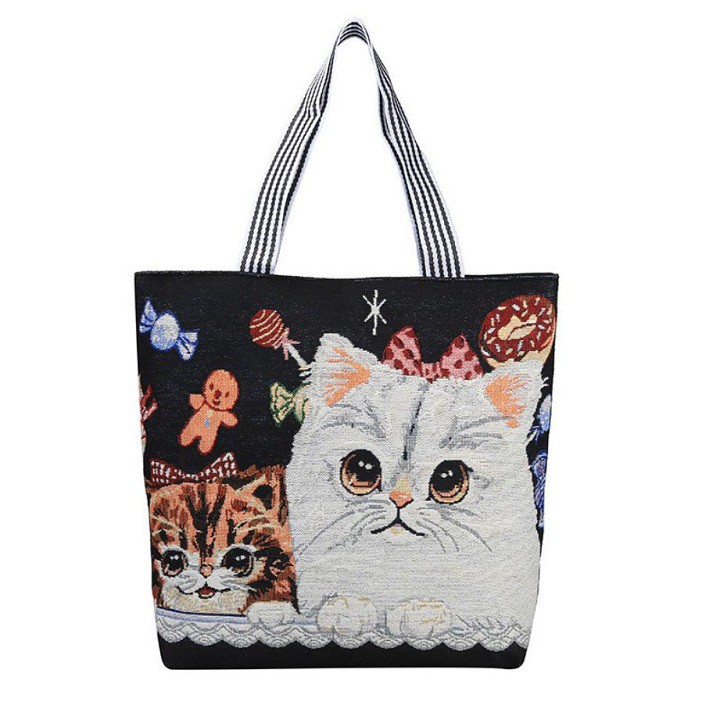 Túi Tote Vải Canvas Thêu Hình Mèo Cute Thời Trang Đeo Chéo GN11-II