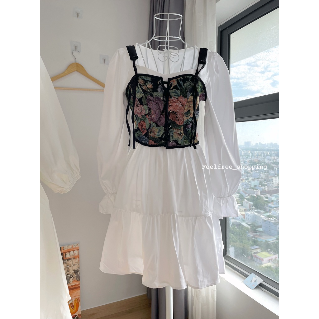 Set Feelfree Váy Trắng Xoè Áo Yếm Rút Dây Thích Hợp Mặc Đi Tiệc, Đi Chơi, Kỷ Yếu (Hình Thật) S001