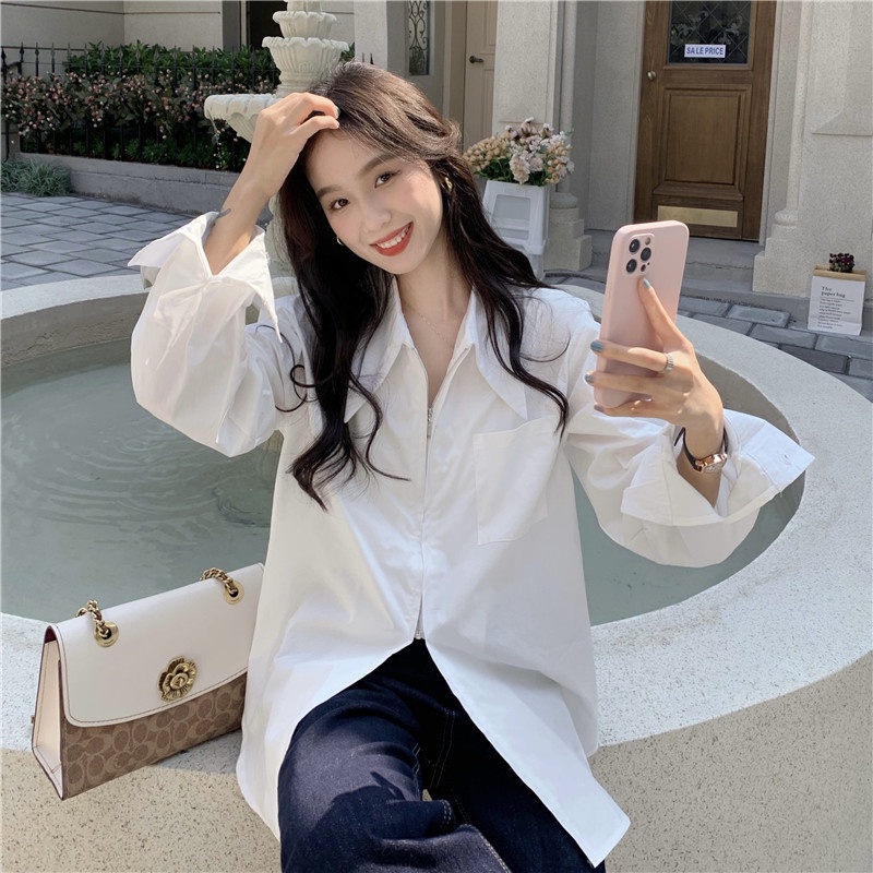 Áo sơ mi trắng tay dài cổ polo dáng rộng có khóa kéo đôi phong cách retro Mỹ thời trang cho nữ