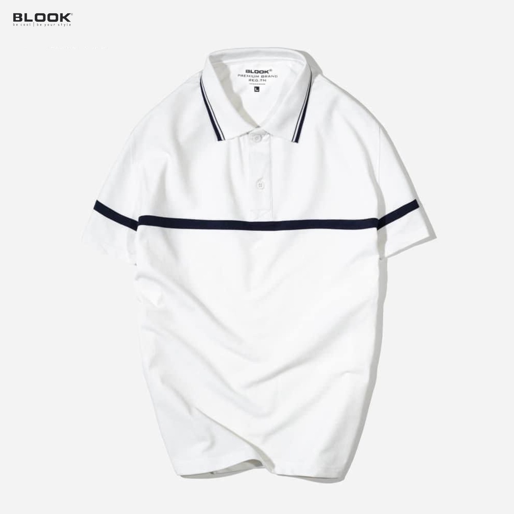 Áo polo nam BLOOK vải thun cá sấu cotton co giãn thấm hút màu trắng sọc đen ngang ngực 33394