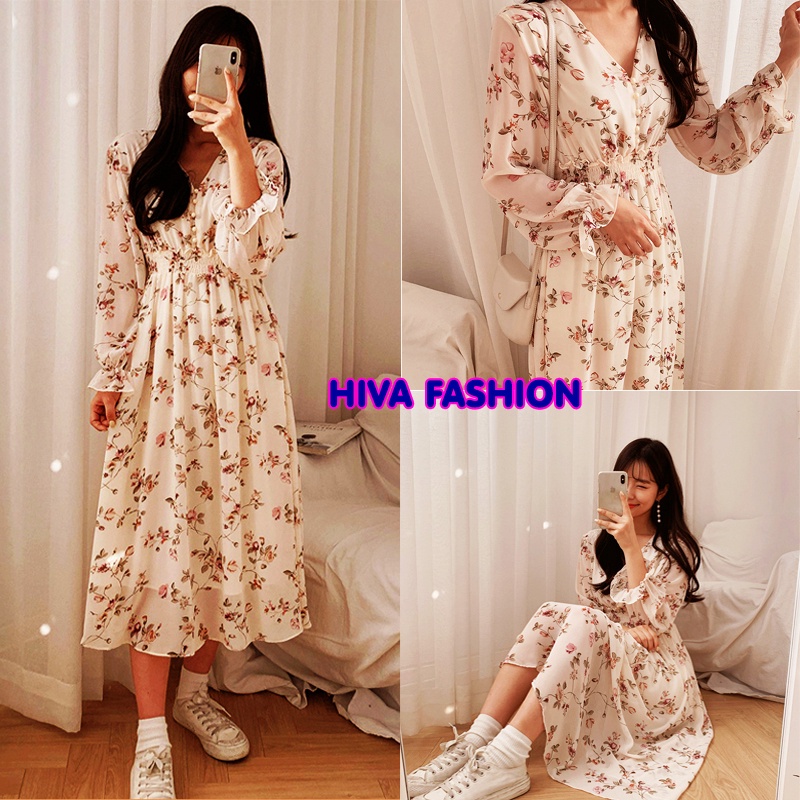 Váy hoa nhí babydoll thiết kế ulzzang body dáng dài cúc bọc , Đầm nữ vintage tay dài Hivano Fashion Week