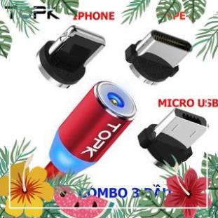 Bộ Cáp Sạc Dù Nam Châm 3 Đầu Hít Dành Cho ANDROI/IPHONE/TYPE C Xoay 360 Độ, Có Đèn Led