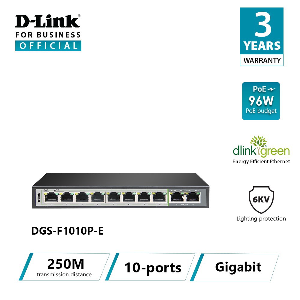 D-LINK DGS-F1010P-E - Bộ chia cổng mạng có PoE 10 cổng 10/100/1000 (8 cổng PoE và 2 cổng Uplink)