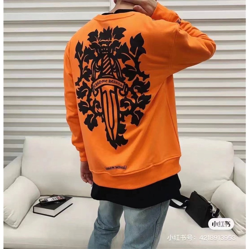 Áo sweater cổ tròn dáng rộng in hình cây kiếm hoa màu cam thời trang cho nam và nữ