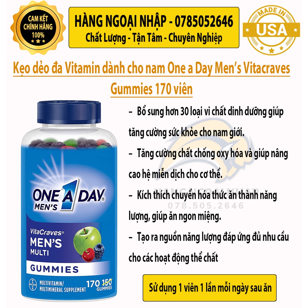 Kẹo dẻo đa Vitamin dành cho nam One A Day Men’s Vitacraves Gummies 170 viên