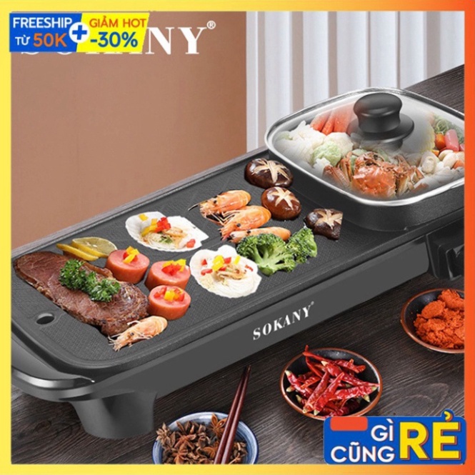 Nồi lẩu nướng 2 in 1, bếp lẩu nướng 2 ngăn đa năng Chính hãng SOKANY