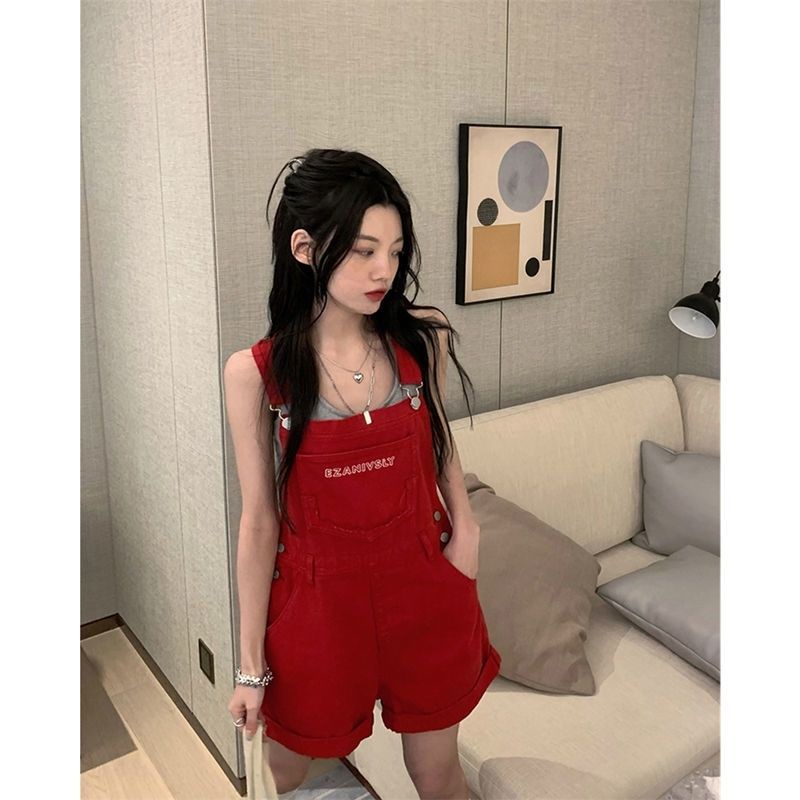 Quần Yếm Denim Ngắn Lưng Cao Ống Rộng Thời Trang Mùa Hè Phong Cách Mới Cho Nữ