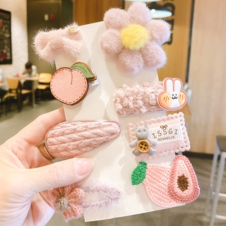 Kẹp tóc cho bé set8 bọc vải len hình dễ thương Bông hoa trái bơ - Hồng đào