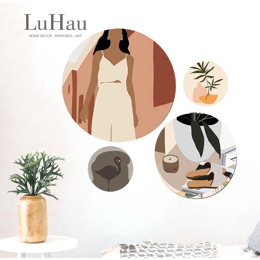 Set 04 tranh tròn dán tường Boho2 trang trí phòng ngủ Korean style, tranh tròn decor phòng khách khô