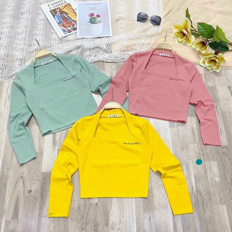 Áo thun nữ kiểu croptop nữ đẹp ôm body tay dài cổ vuông thêu phong cách hàn quốc mẫu mới thời trang A21