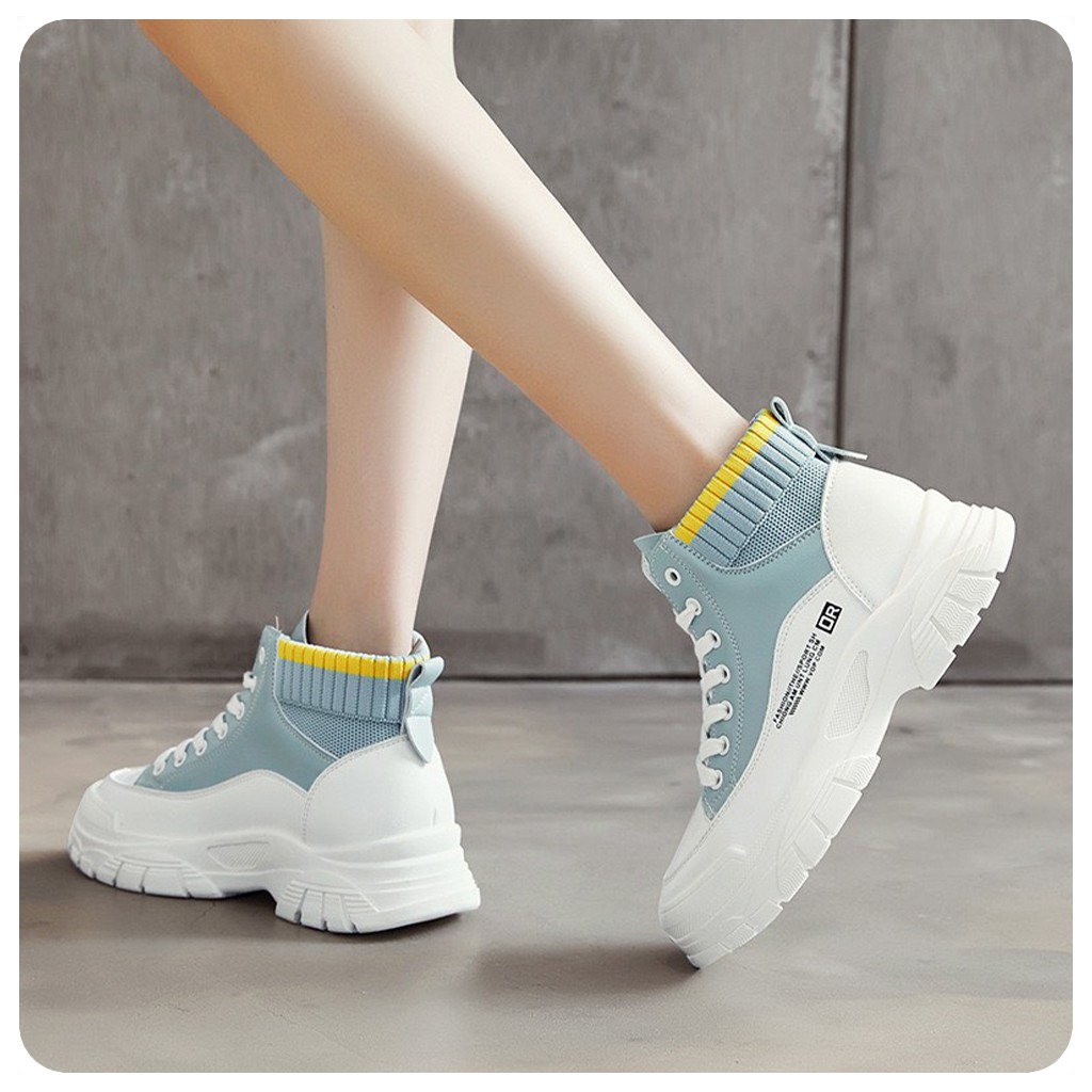Giày thể thao giày sneaker nữ cao cổ H59 màu trắng xanh boost nữ