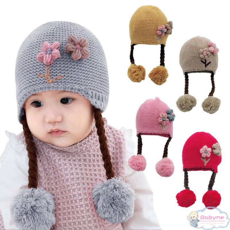 Nón đan len họa tiết hoa có hai quả bông xinh xắn cho bé