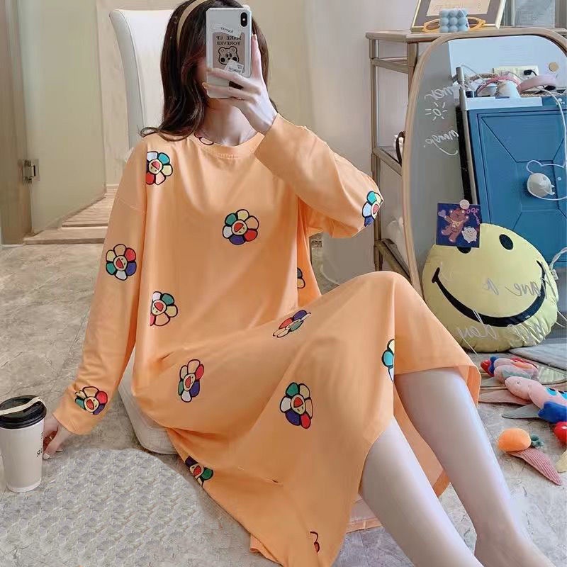 Đầm Ngủ Tay Dài Plus Size Phong Cách Hàn Quốc Ngọt Ngào Cho Nữ