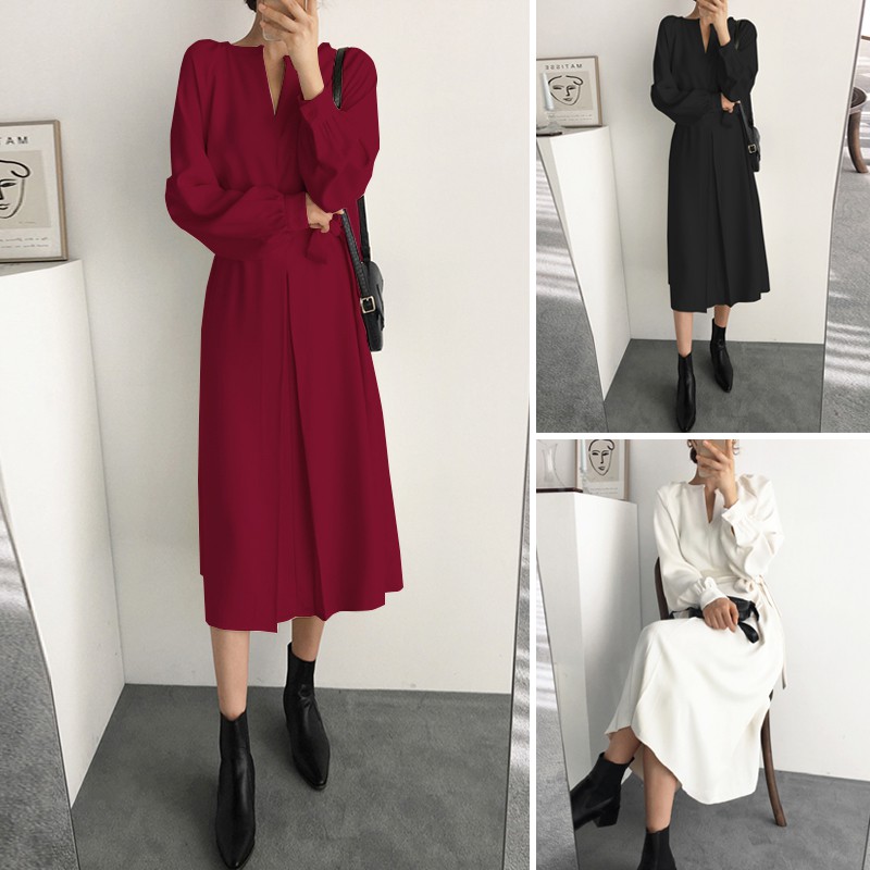 ZANZEA Đầm Dáng Dài Cổ Chữ V Tay Phồng Thời Trang Nữ Dễ Thương | BigBuy360 - bigbuy360.vn