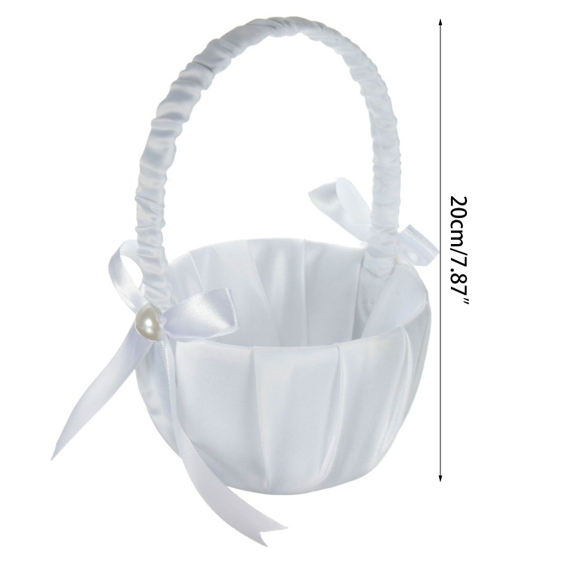 Giỏ Hoa Trắng Vải Satin Đính Nơ Và Ngọc Trai Xinh Xắn