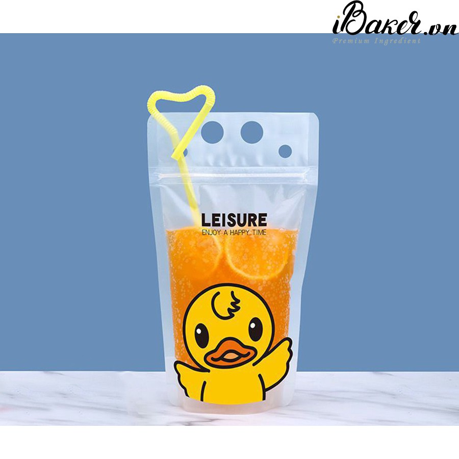 Túi đựng trà sữa kèm ống hút - Hình Vịt Vàng (xấp 10 cái)