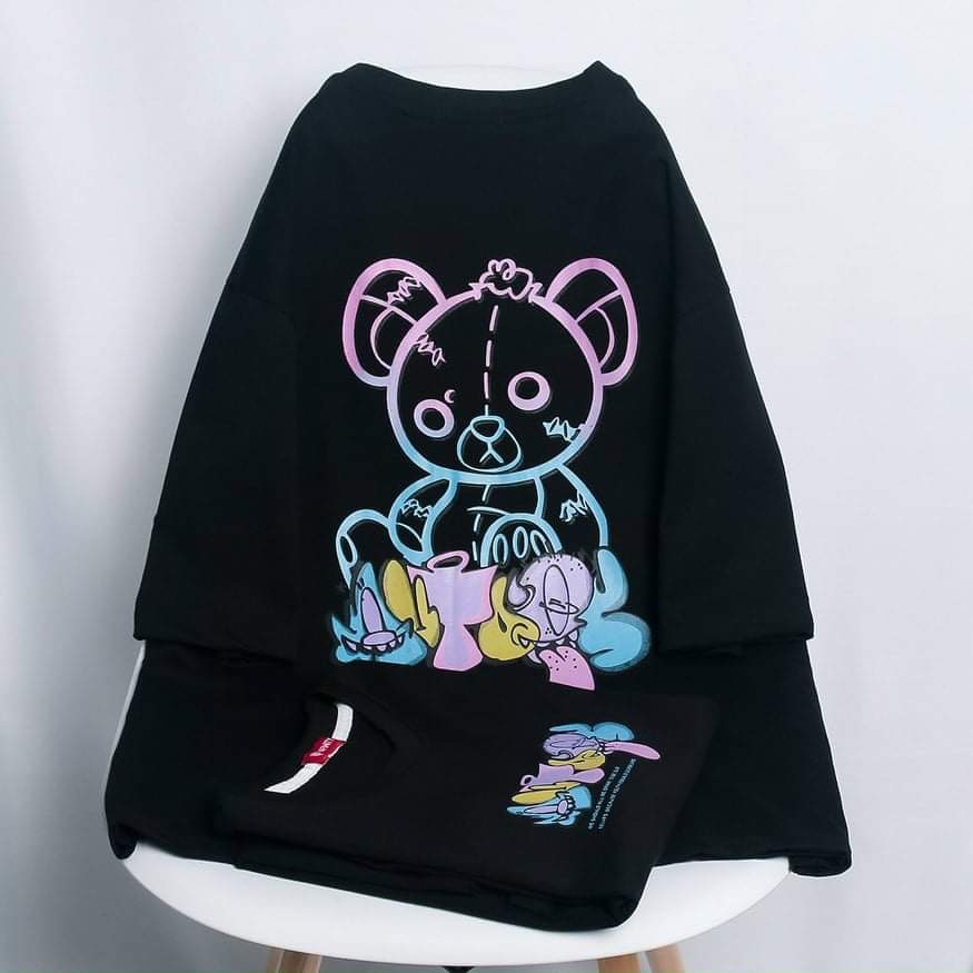 Áo thun Nam, nữ, Form rộng, tay lỡ, thân dài 3 màu , Đen, Vàng, Trắng hình gấu Phảng Quang Unisex