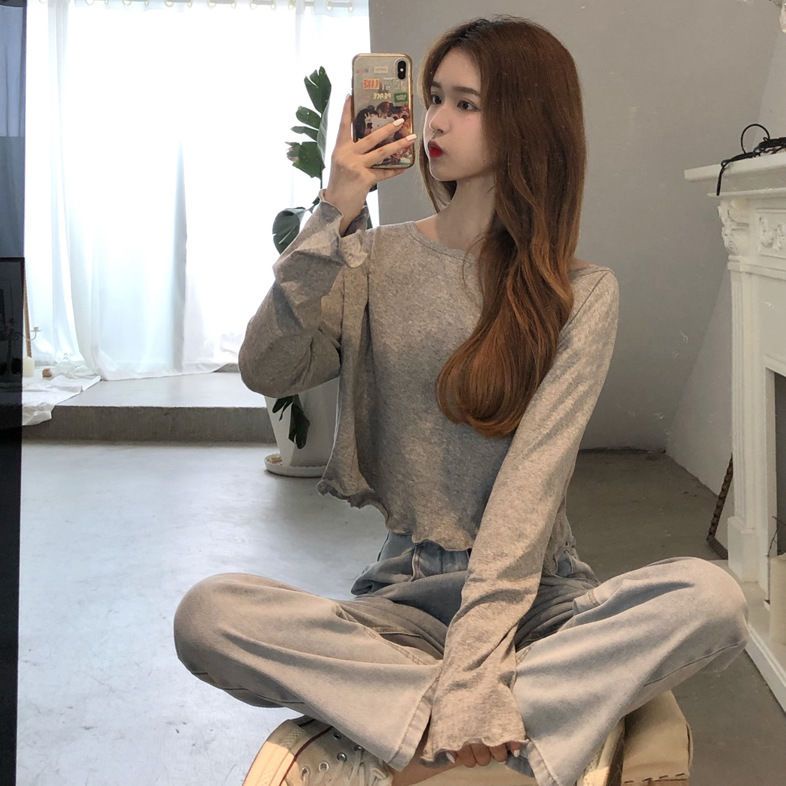 Jiashucheng Áo Thun Ngắn Tay Dài Dáng Rộng Viền Ren Hoa Sen Phong Cách Hàn Quốc Thời Trang Cho Nữ