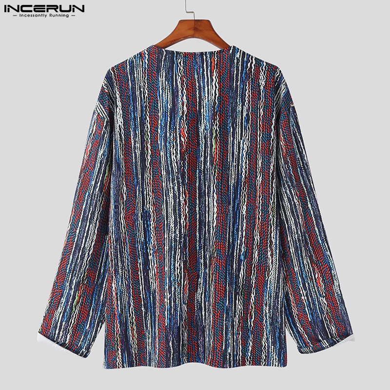 Áo dệt kim INCERUN dài tay cổ chữ V gài nút kẻ sọc nhiều màu phong cách dân tộc cho nam