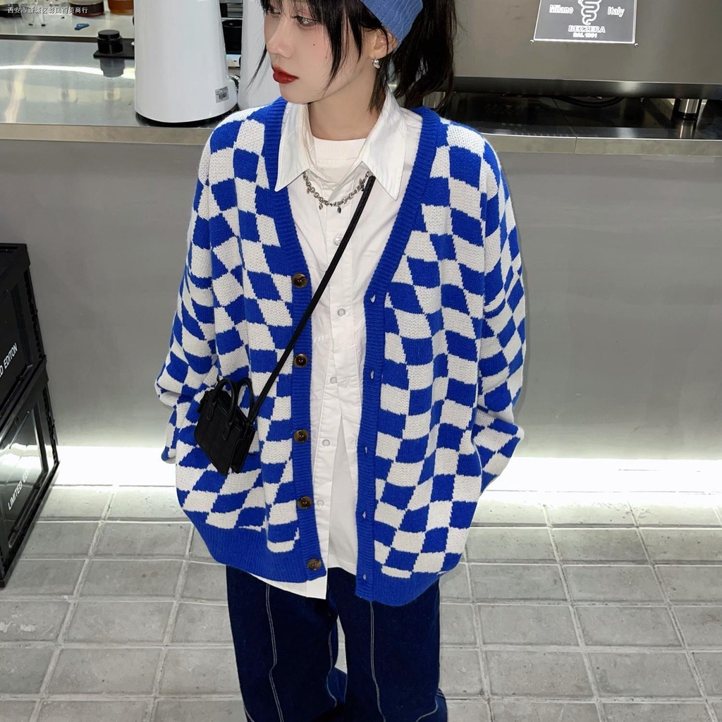 ■Áo khoác Cardigan dệt kim cổ chữ V họa tiết sọc caro phong cách Nhật Hàn | BigBuy360 - bigbuy360.vn