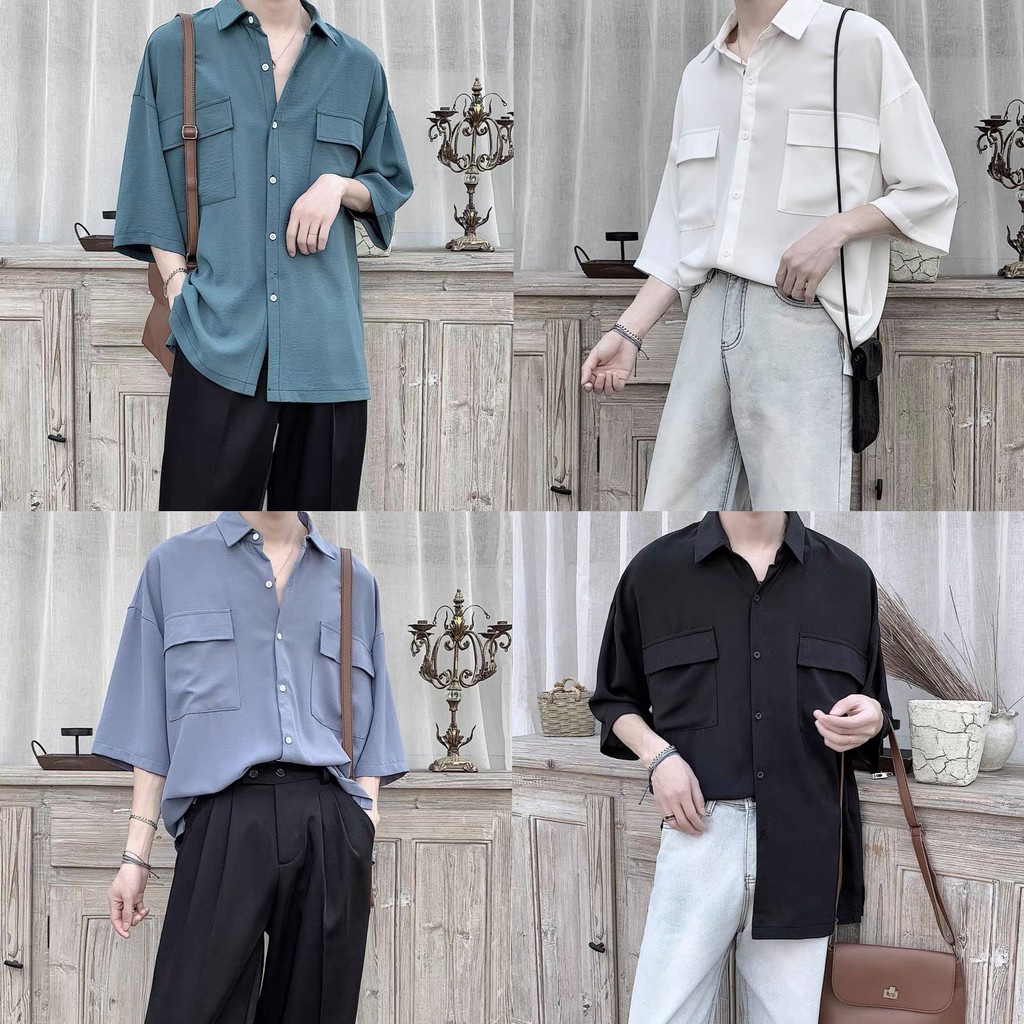 ☇Áo Sơ mi tay lỡ dáng rộng 4 màu xanh ngọc, lam, đen, trắng - chất đũi mát