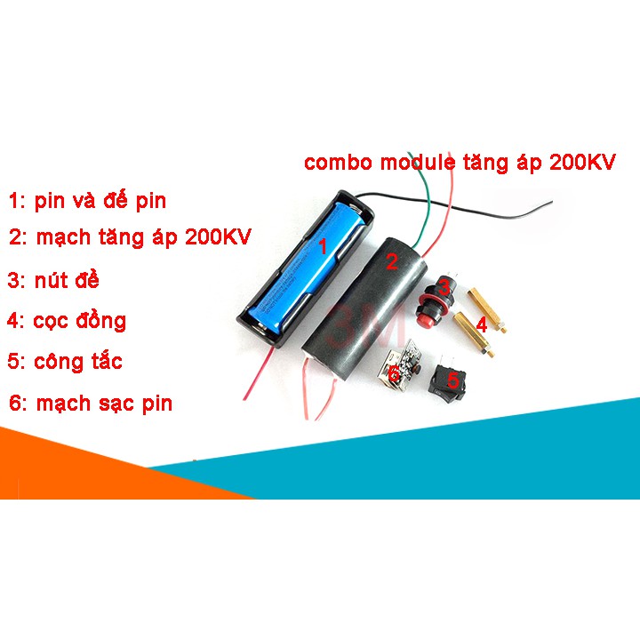 Combo Kích Điện Kiêm Sạc Dự Phòng (mạch tăng áp,pin 3000mah,đế pin 18650,nút đề nhựa,công tắc, mạch sạc,cọc đồng)