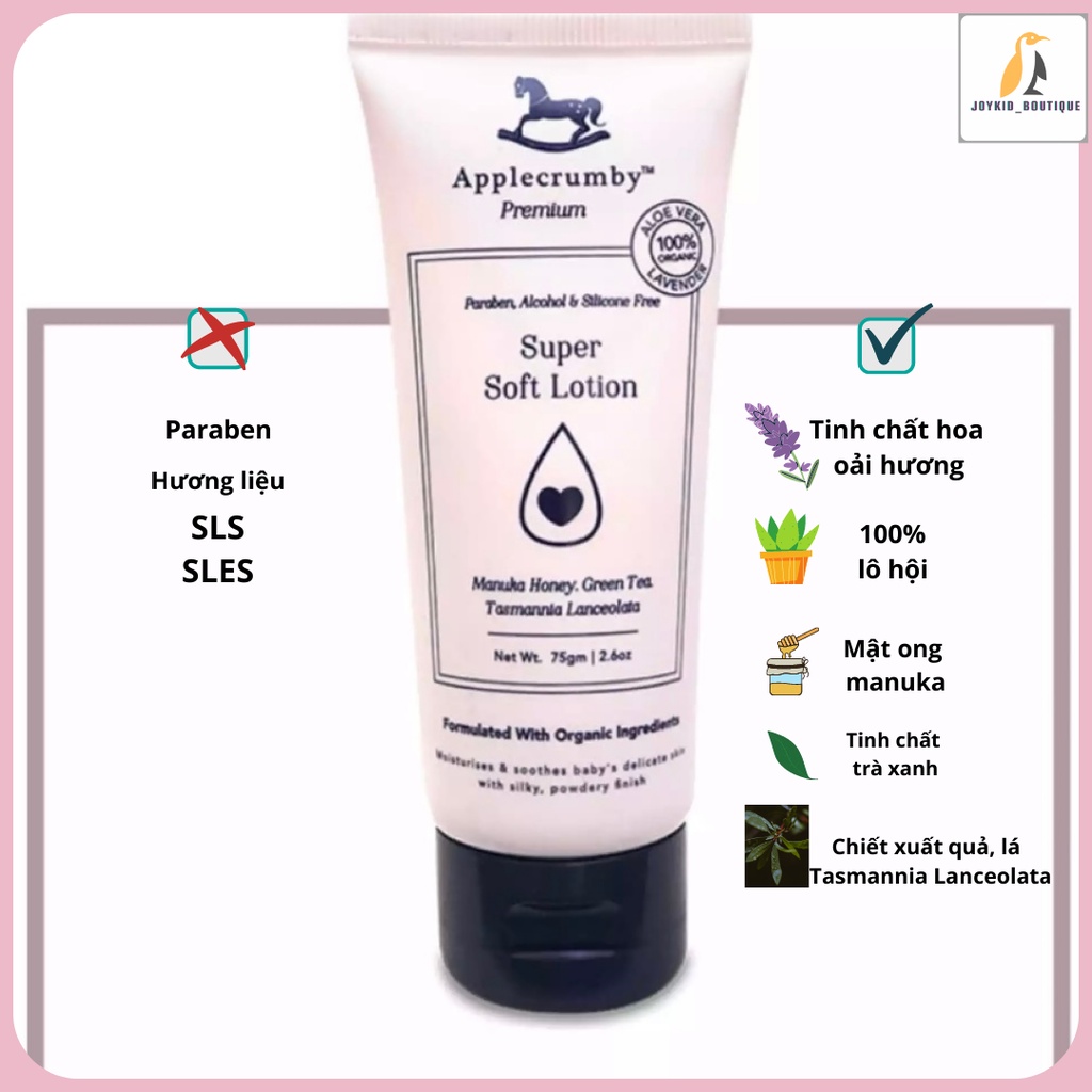 Kem dưỡng ẩm cho bé Applecrumby Super Soft Lotion chiết xuất lô hội, mật ong, trà xanh 75gm