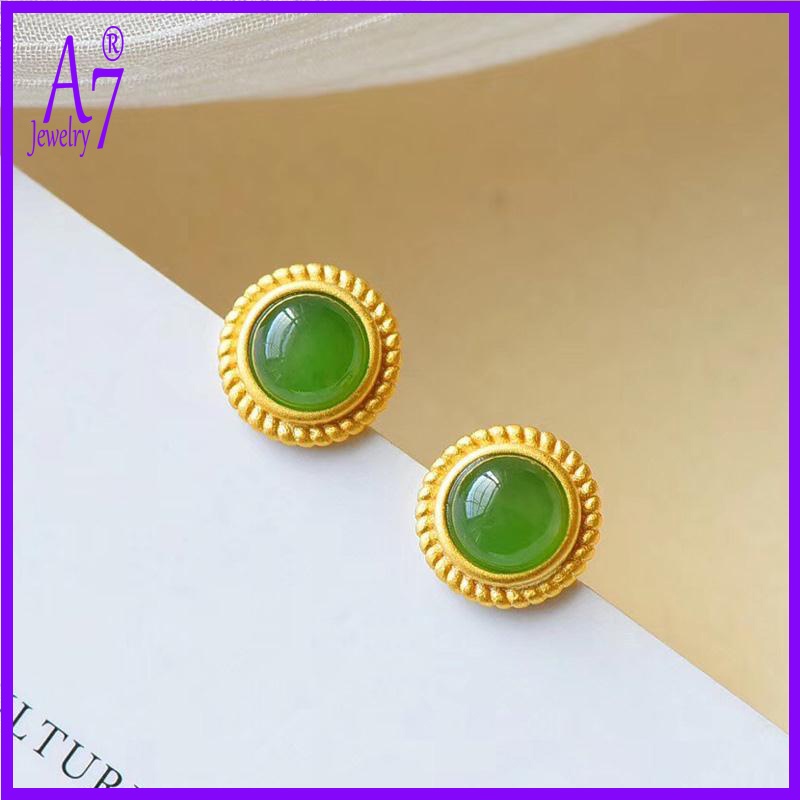 A7 S925 Sterling Silver Inlaid Gemstone Gilding Craft Jasper Stud Earrings