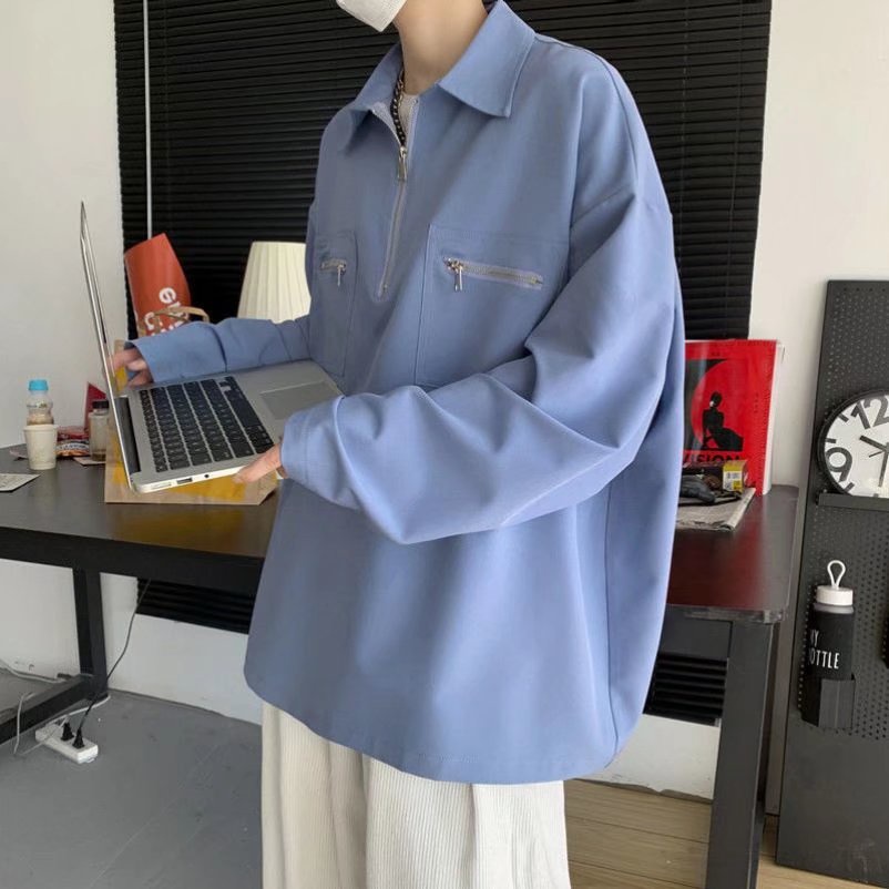 ♞AFF LIGA♞ Áo Sơ Mi Tay Dài Dáng Rộng Màu Trơn Phối Túi Đơn Giản Thời Trang Hàn Quốc Mới Cho Nam