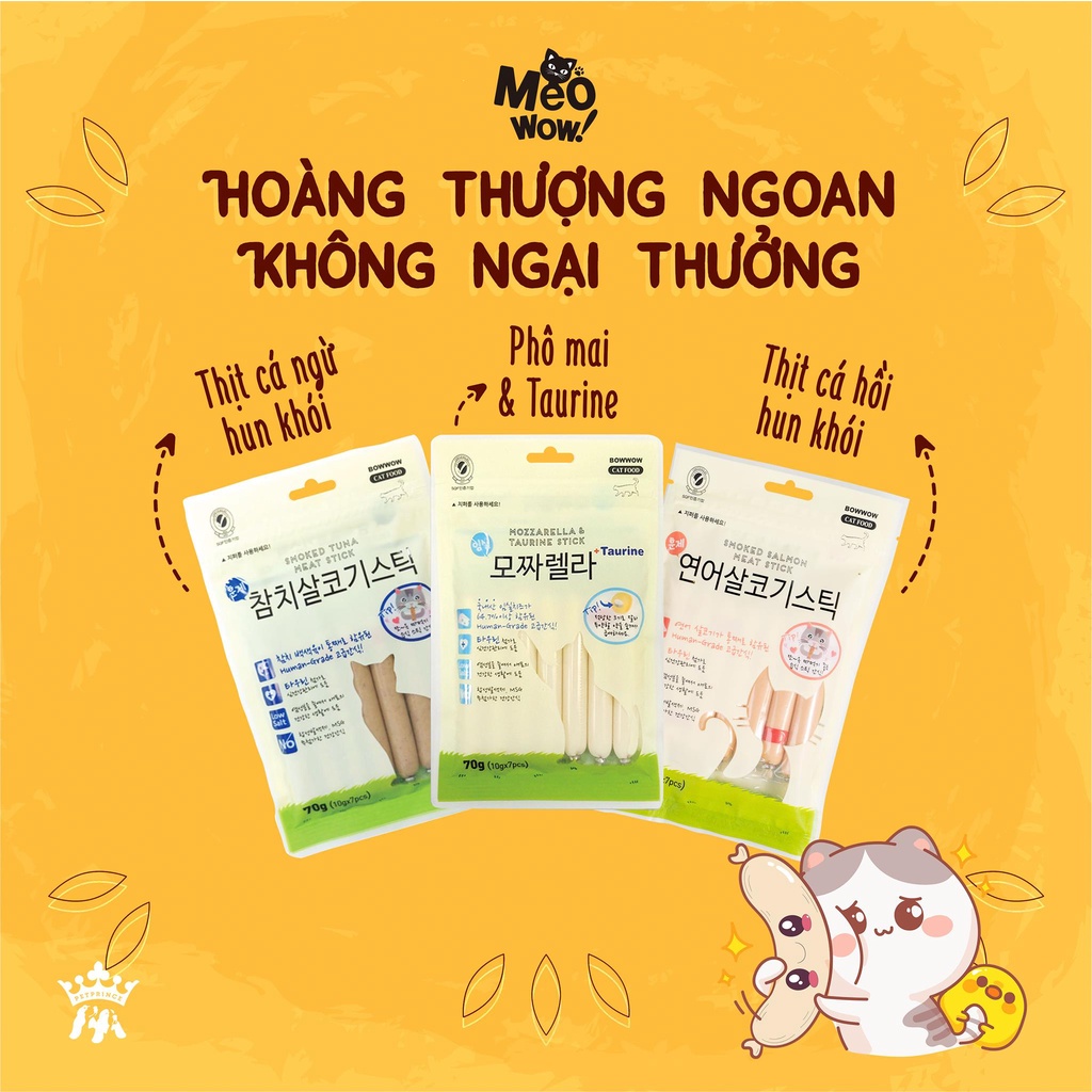 Xúc xích cho mèo Bow wow 70g, snack thưởng vị cá ngừ cá hồi cho mèo Con Mèo Xiêm