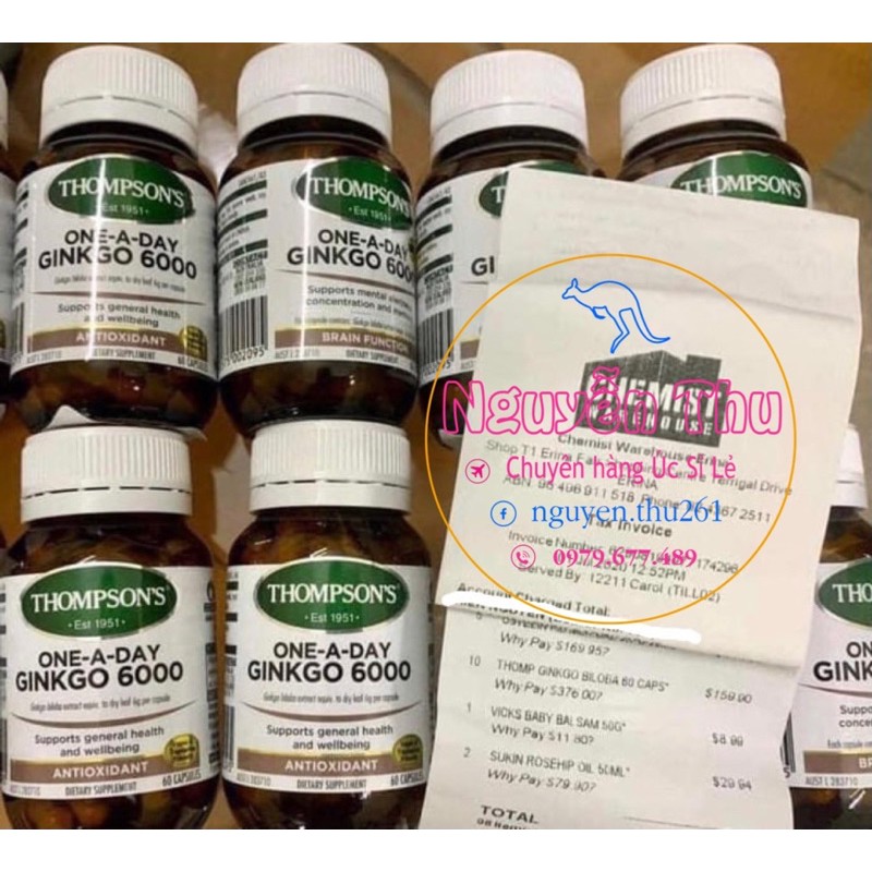 Viên uống bổ não, hoạt huyết dưỡng não - Thompson's One-A-Day Ginkgo 6000mg 60 viên - đủ bill Chemist Úc