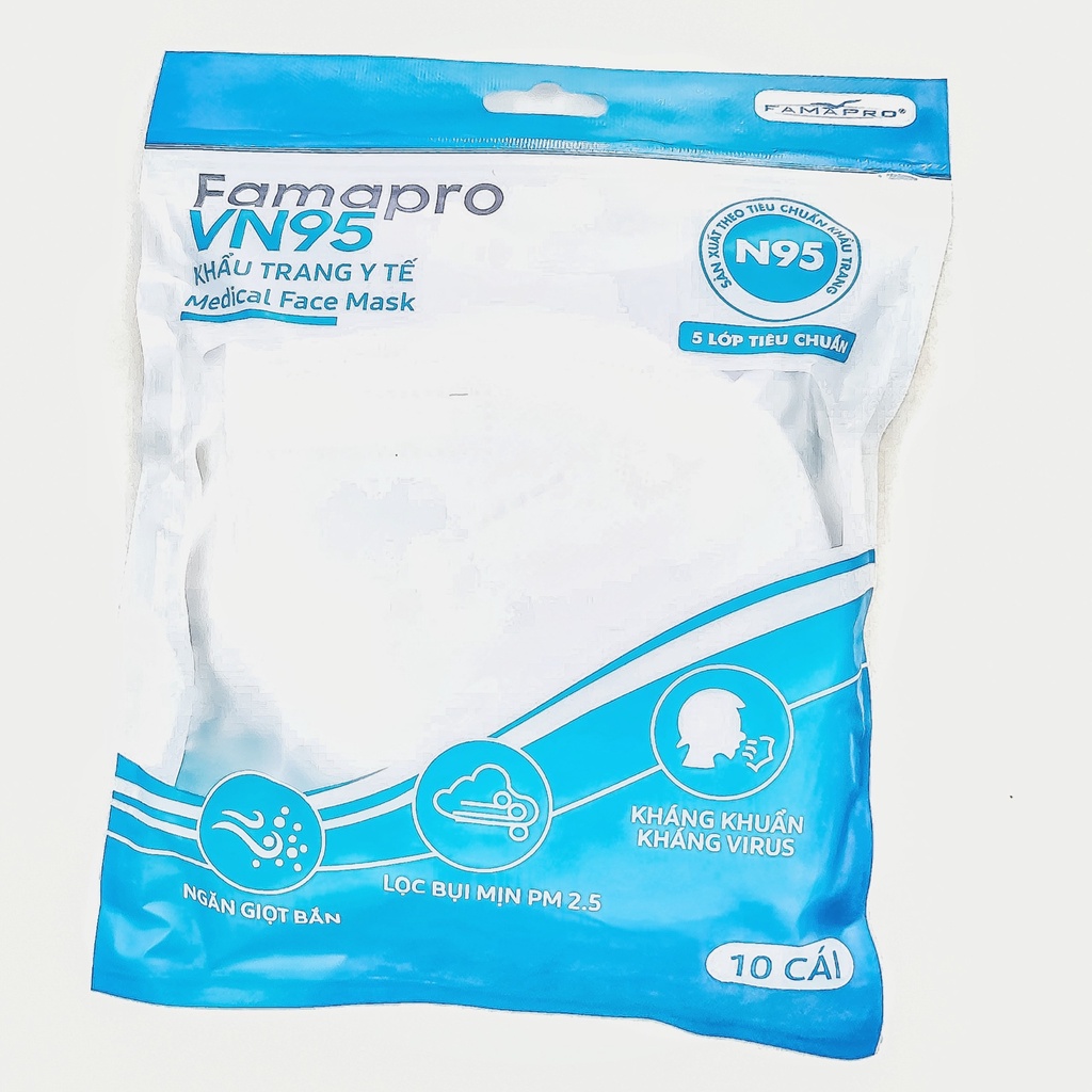 Khẩu trang VN95 Famapro, khẩu trang màu trắng, 5 lớp, tiết kiệm, đạt chuẩn, bán tại các nhà thuốc lớn (túi 10 cái)