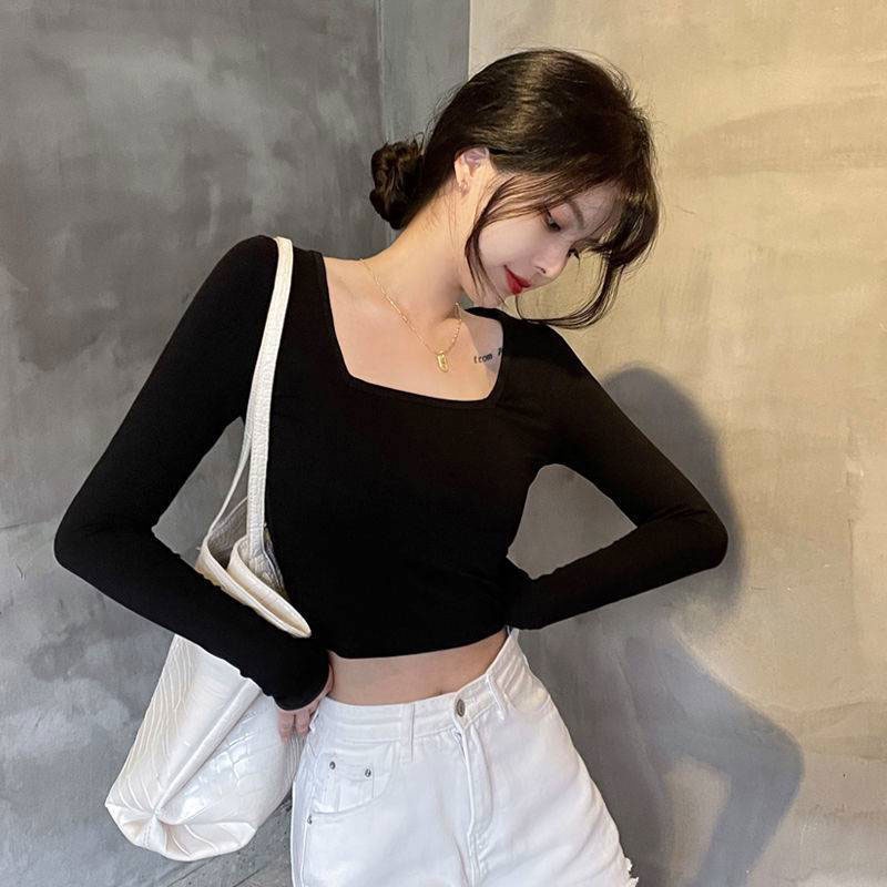 Áo thun YEYA cổ vuông dài tay hở rốn dáng ôm thời trang cho nữ