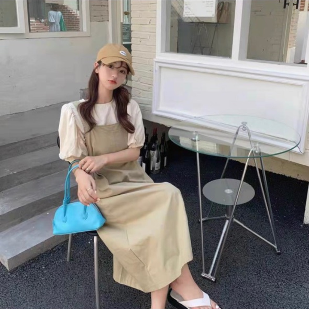 Váy yếm nữ kèm áo tay bồng đầm dự tiệc váy cưới phong cách tiểu thư Hàn Quốc hai màu đen, kaki thời trang