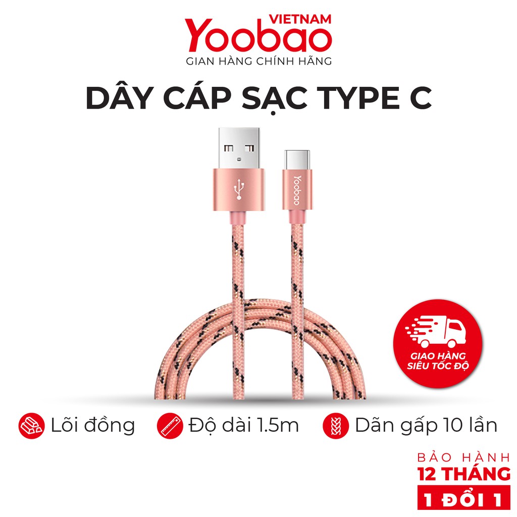 Dây cáp sạc USB Type C YOOBAO YB-415C Vỏ bện nylon dài 1.5m - Hàng chính hãng Bảo hành 12 tháng 1 đổi 1