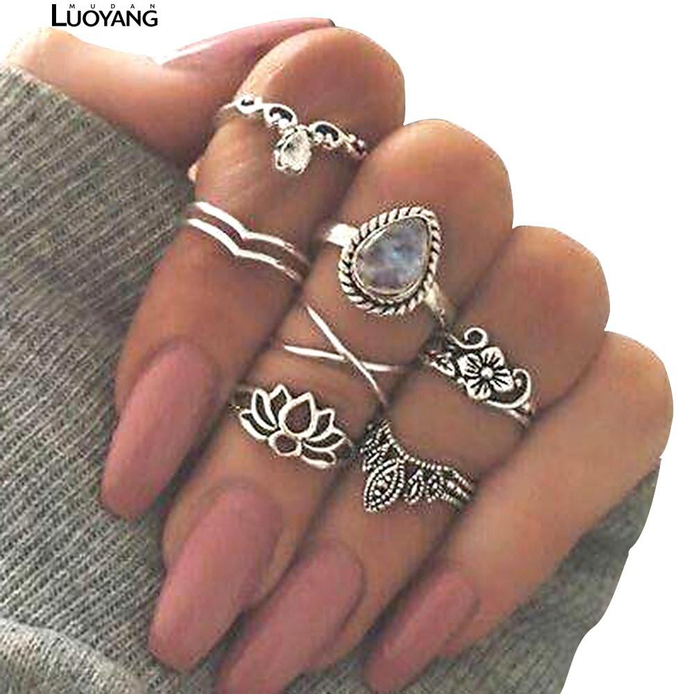 Set 7 nhẫn đốt ngón tay chạm khắc hoa sen phong cách vintage