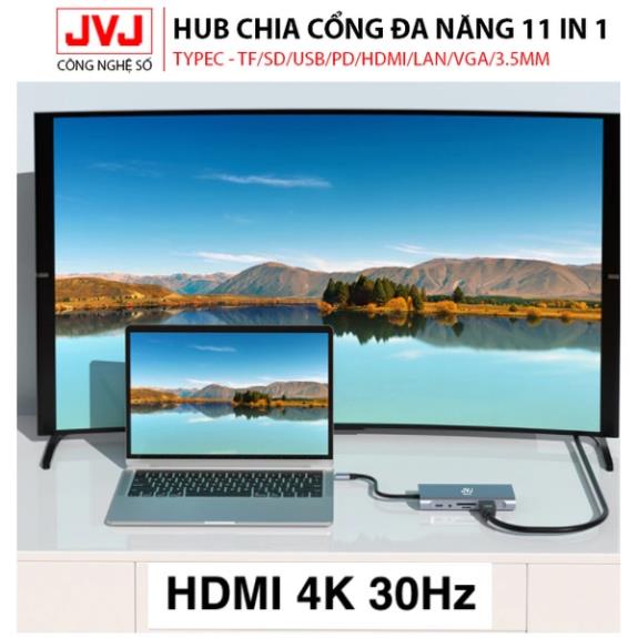 Hub chuyển đổi Macbook JVJ C11 cổng TypeC 11in1 sáng HDMI 4K, VGA, USB - C 3.0, cổng lan RJ45, TypeC 3.5mm BH 2 năm1đổi1