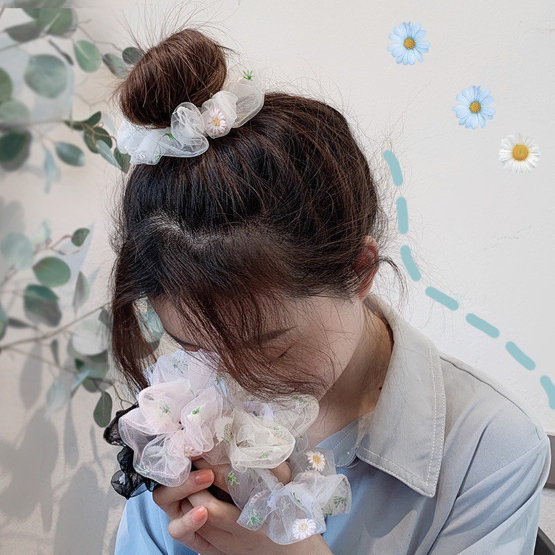 Combo 2 Cột Tóc Vải Scrunchies Hoạ Tiết Hoa Cúc Style Hàn Quốc Xinh Xắn DC08