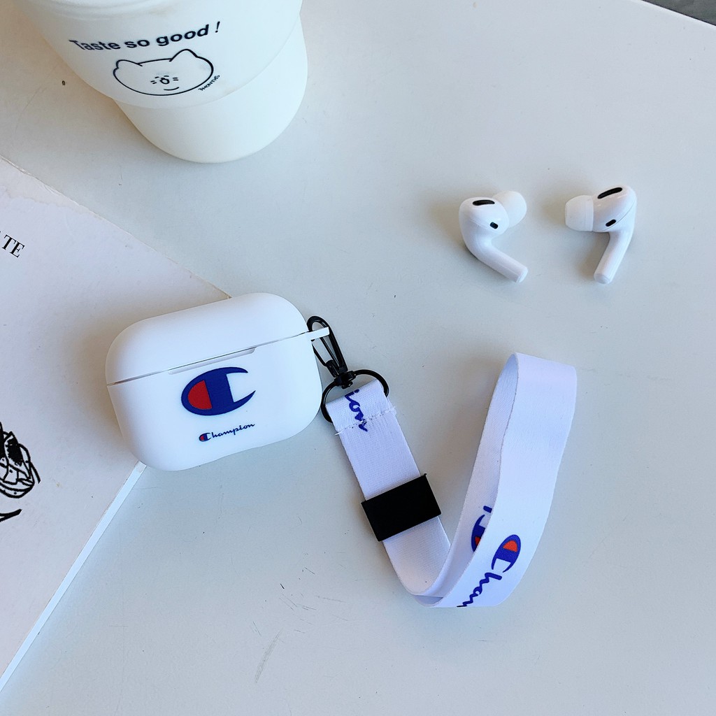 Vỏ Bảo Vệ Hộp Sạc Tai Nghe Airpods Pro 1 / 2 Bằng Tpu Mềm Họa Tiết Champion Có Dây Đeo Tiện Dụng