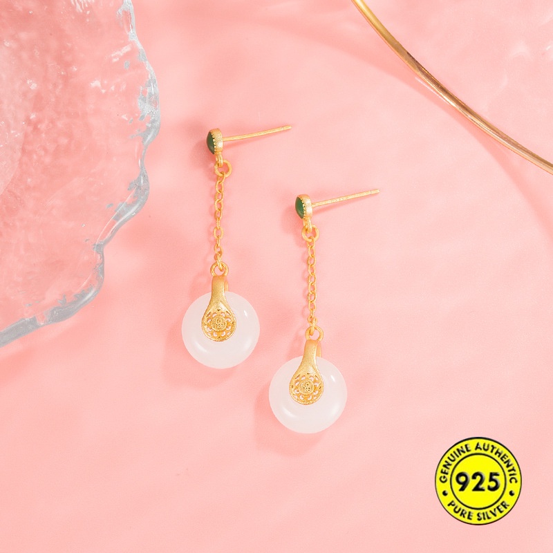 Bông Tai Đính Ngọc Bích Trắng Phong Cách Trung Quốc Cổ Điển Cho Nữ