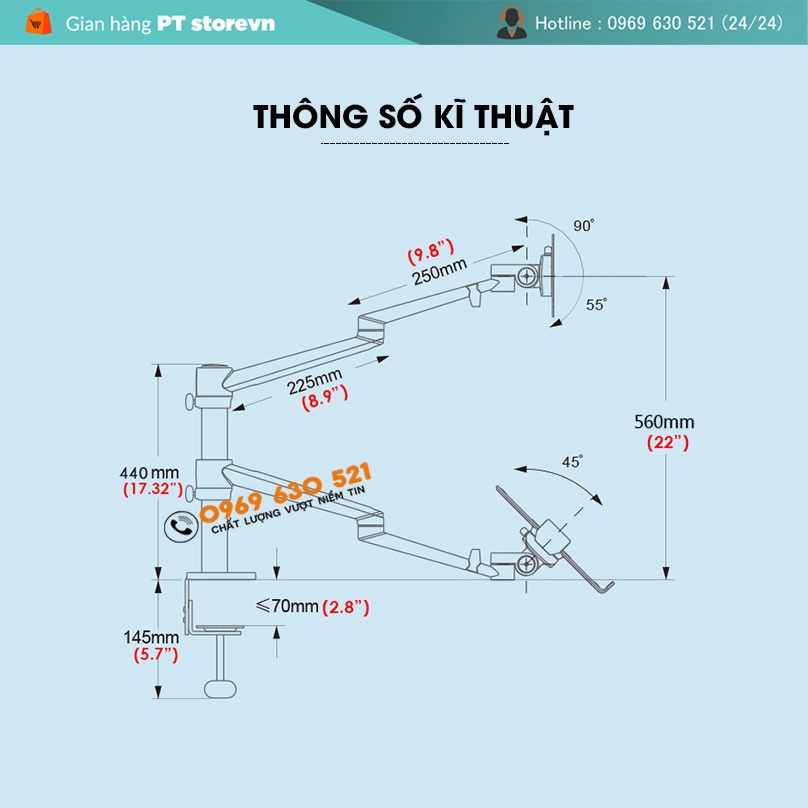 Giá Treo Màn Hình 17-32Inch-Hợp Kim Nhôm Cao Cấp / Laptop 11 -17.3Inch / Tablet &amp; Điện Thoại 4.5 - 13Inch - Model OL-3T
