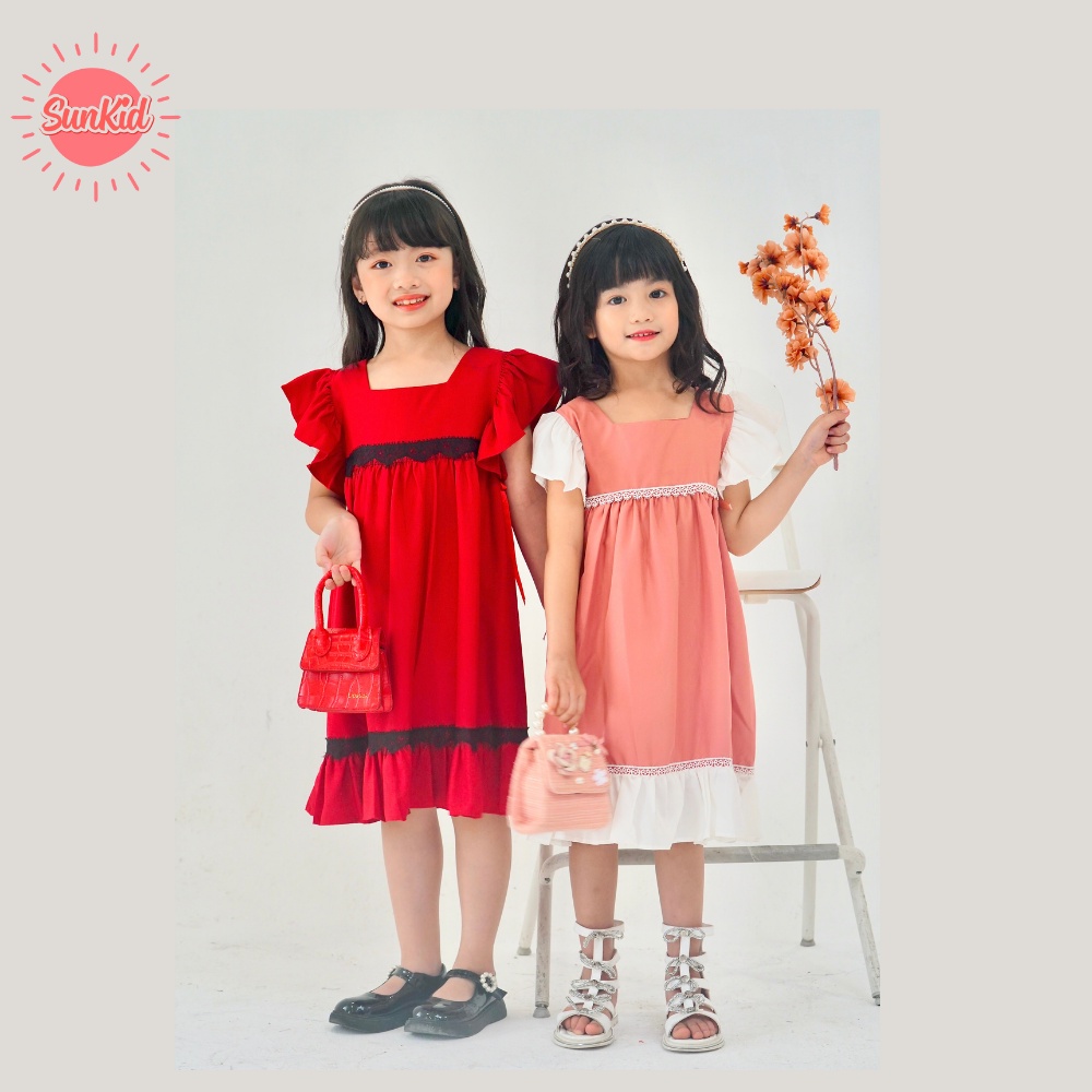 Váy đầm bé gái đỏ/ hồng dáng suông bèo tay vải trượt nhật cao cấp mùa hè Sunkid SN10 size trẻ em 4-12 tuổi