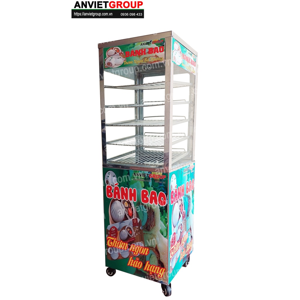 Máy tủ xe hấp nóng giữ nhiệt trưng bày tủ bánh bao 4 5 tầng mini có bánh xe An Việt