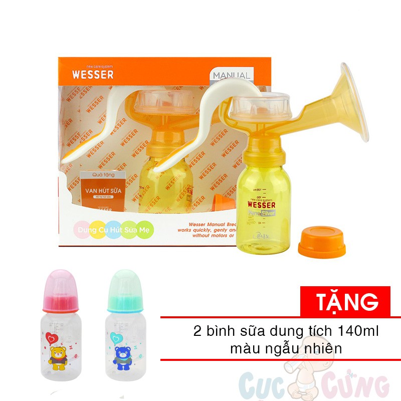 Máy hút sữa WESSER bằng tay + TẶNG 2 bình trữ sữa có núm ty 140ml kèm van chống sặc màu ngẫu nhiên
