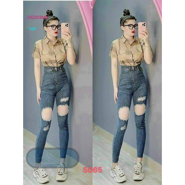 quần bò nữ skinny lưng cao rách kiểu(có size 65kg)