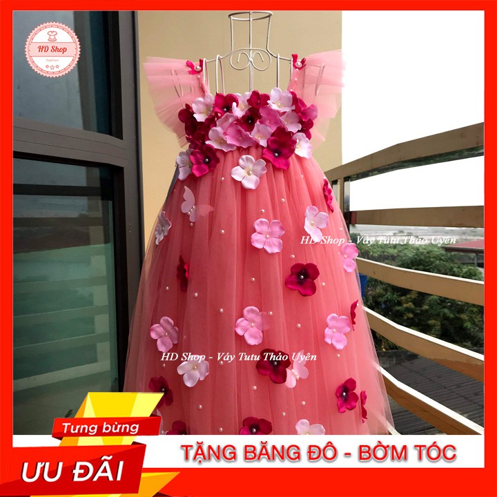 Váy cánh tiên ❤️FREESHIP❤️ Váy cánh tiên hồng cam đính hoa tú cầu cho bé gái 0 đến 6 tuổi