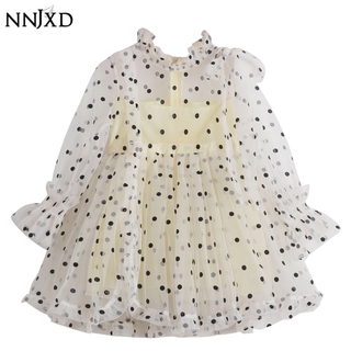 Đầm NNJXD Kiểu Công Chúa Dài Tay Chấm Bi Cho Bé Gái