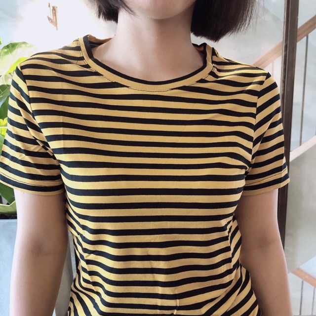 Áo thun sọc đen vàng cổ tròn